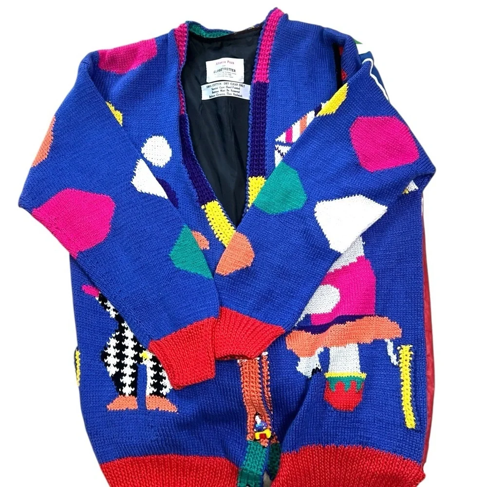 Vintage Circus Cardigan Cotton Tent Striped Clown Elephant Hand Knit Lined - Picture 4 of 14